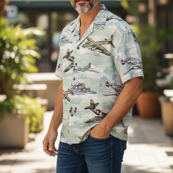 Kalaheo Mens Hawaiian Style WW2 American Bombers Planes Mens Shirt XL Ha… - Picture 1 of 5